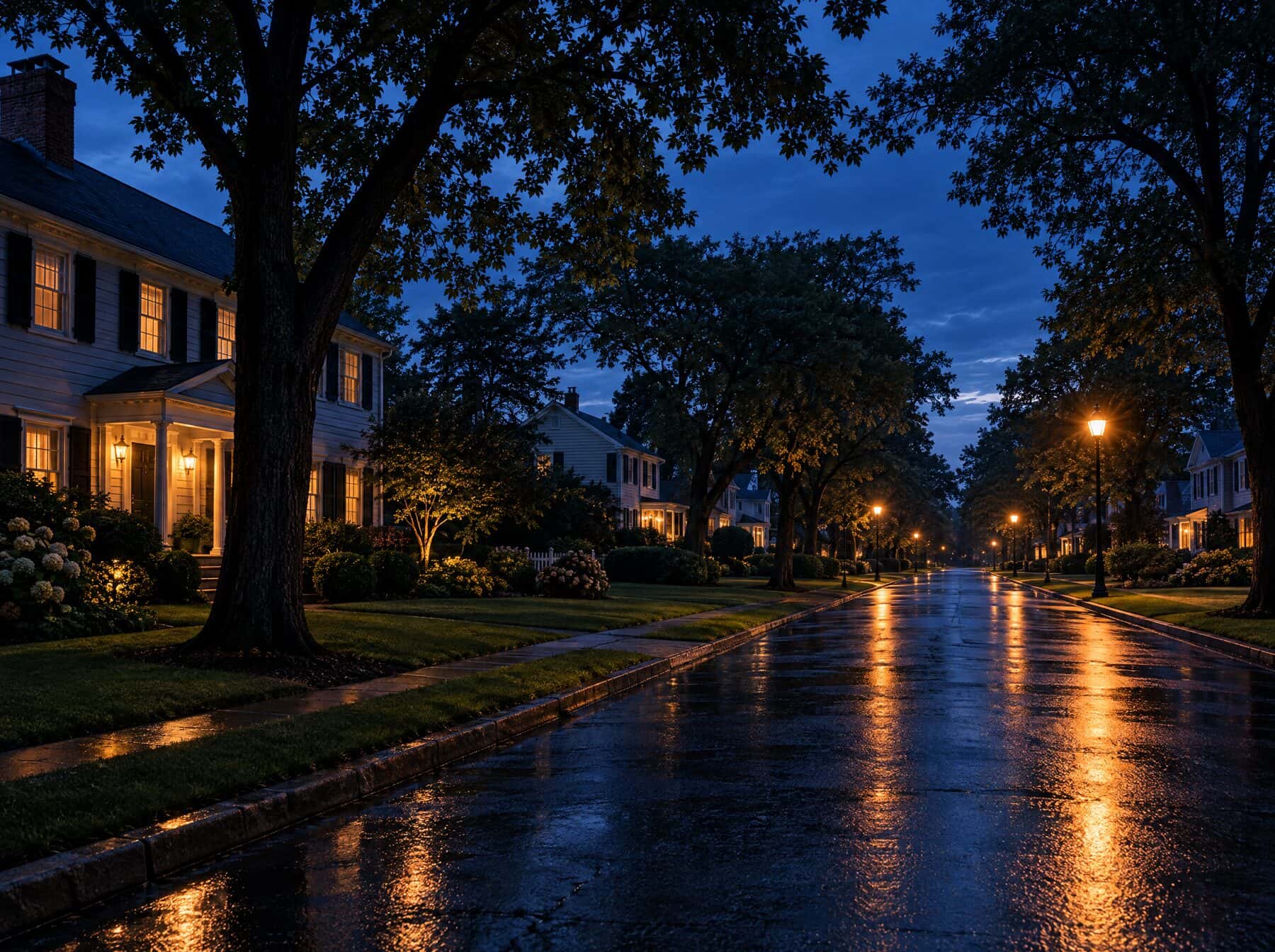 A tree-lined Long Island street with porch lights at dusk