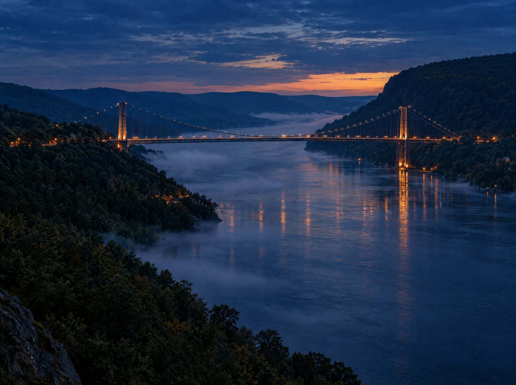 A bridge over the Hudson River valley at blue hour