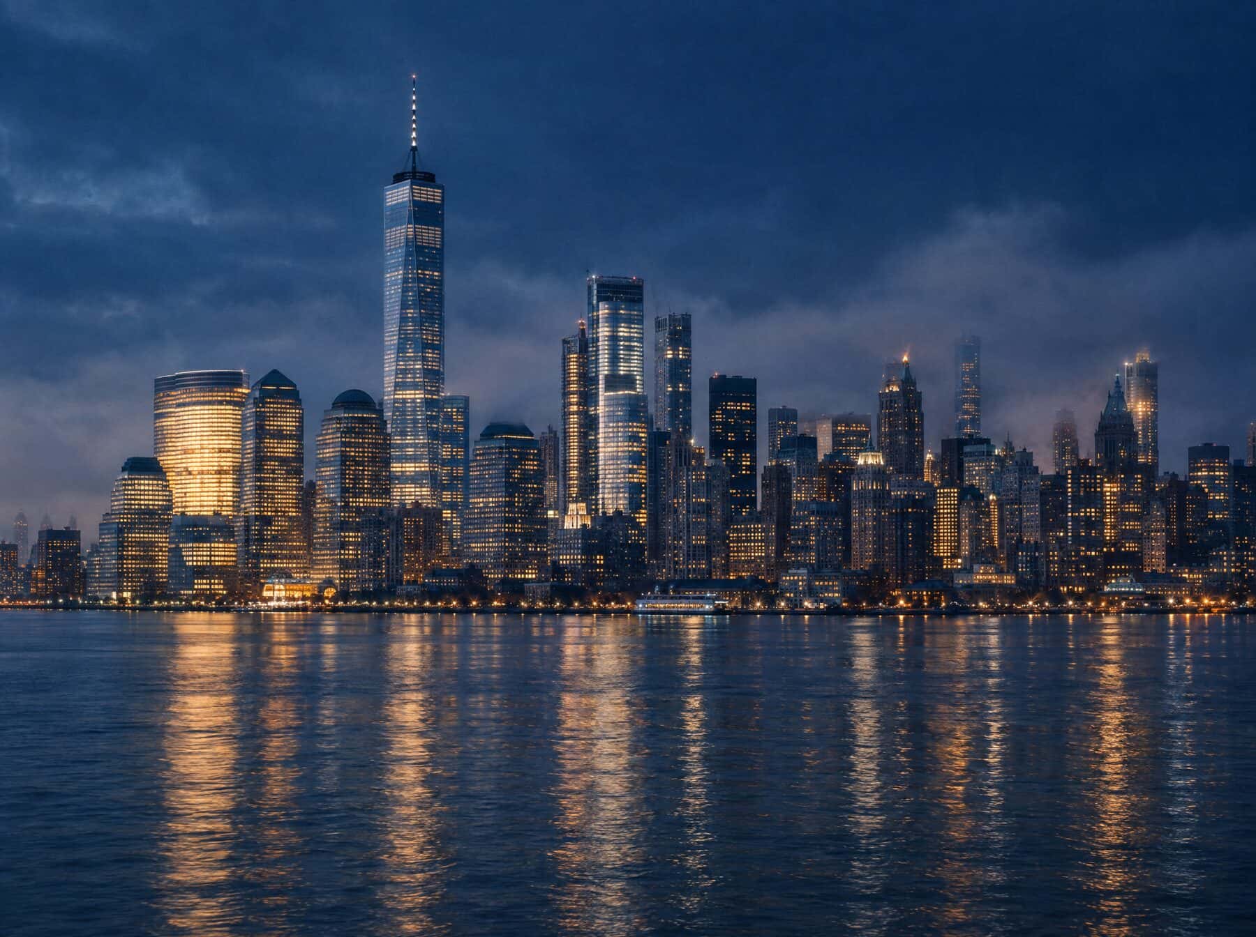 The Lower Manhattan skyline across the harbor at blue hour