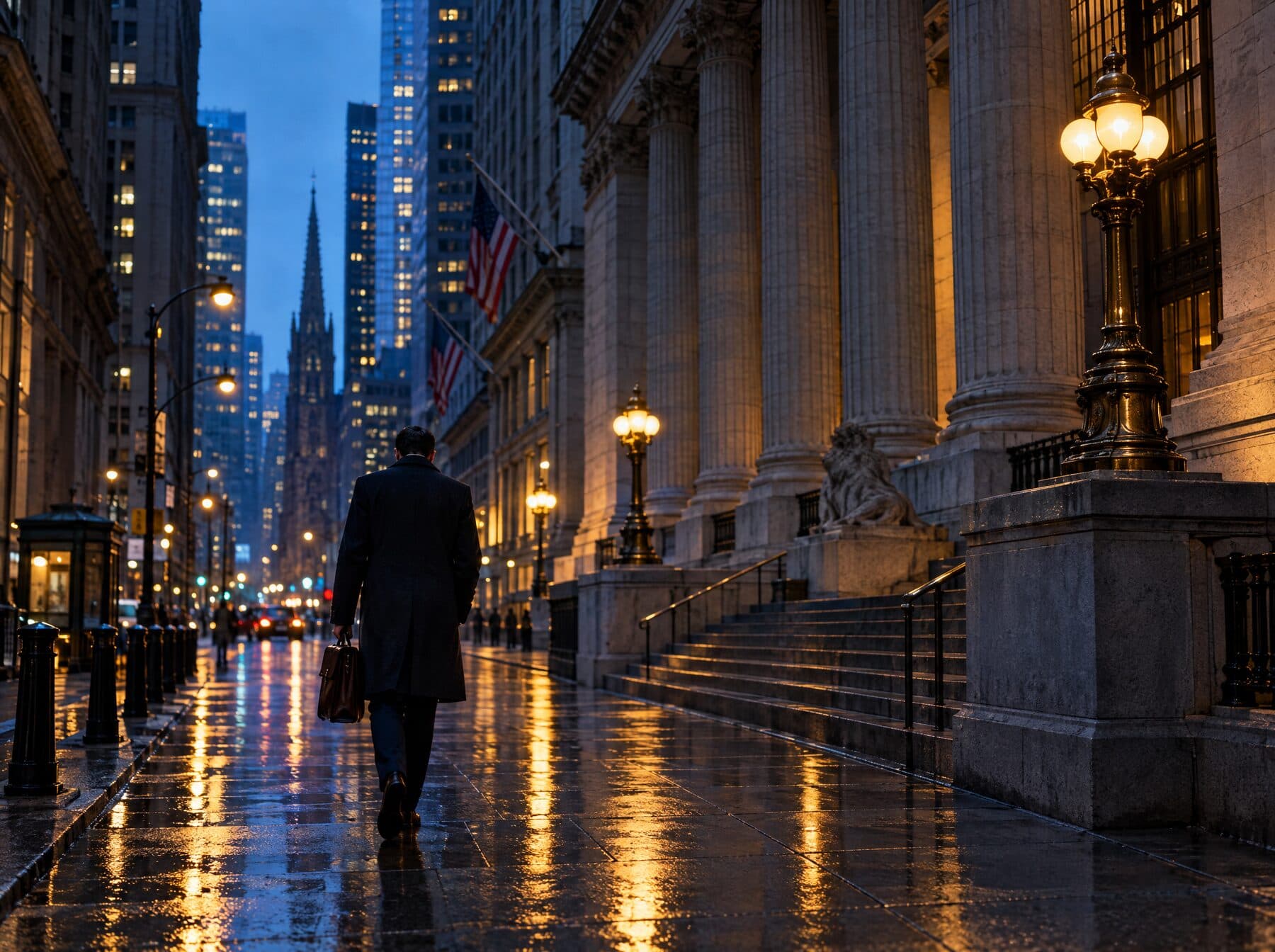 A figure with a briefcase walking past a columned bank facade downtown