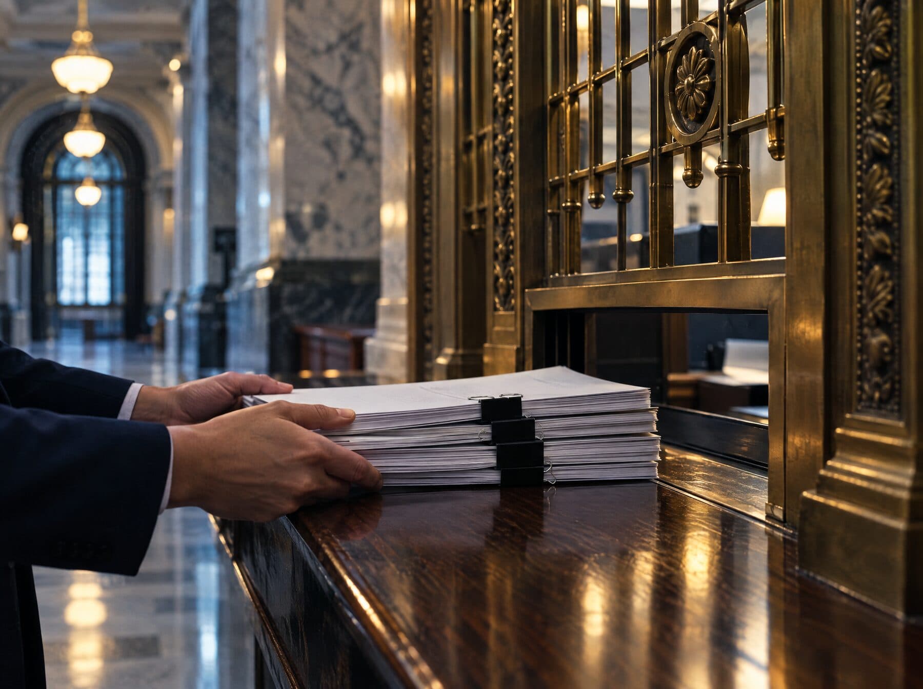 A stack of clipped filings passed across a courthouse clerk’s counter