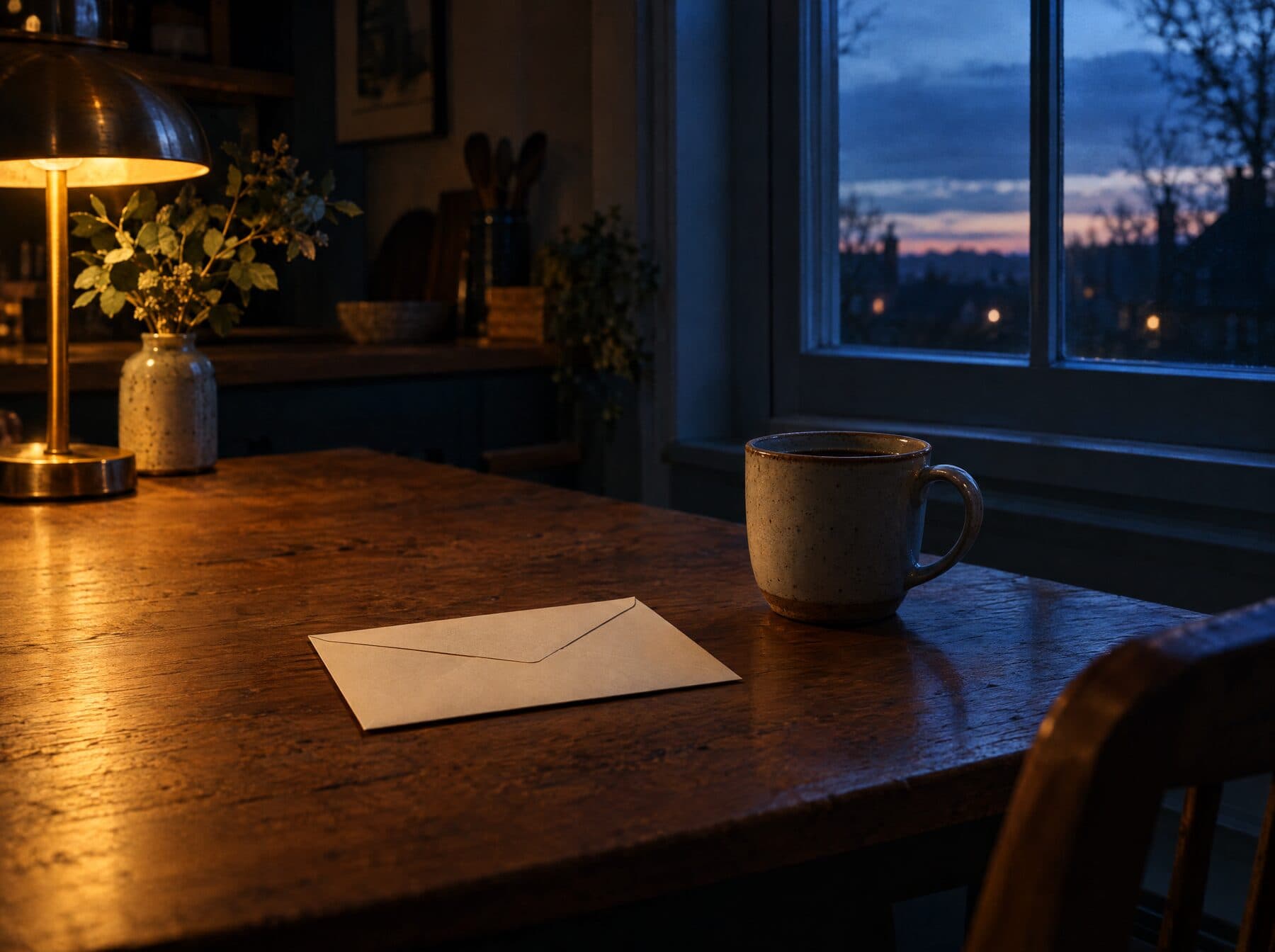 A plain envelope on a quiet kitchen table at dusk