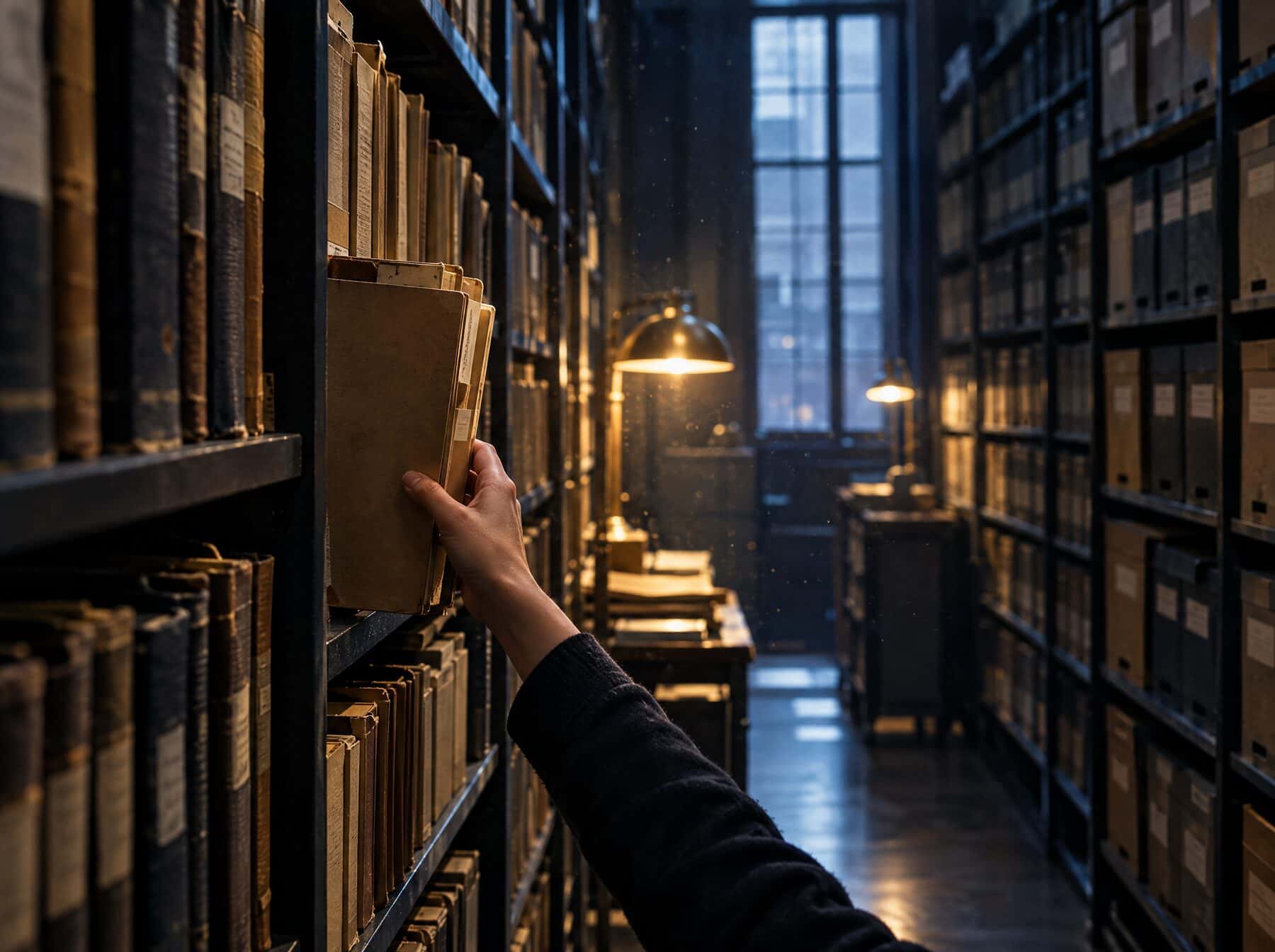 A hand pulling a case file from courthouse archive shelves