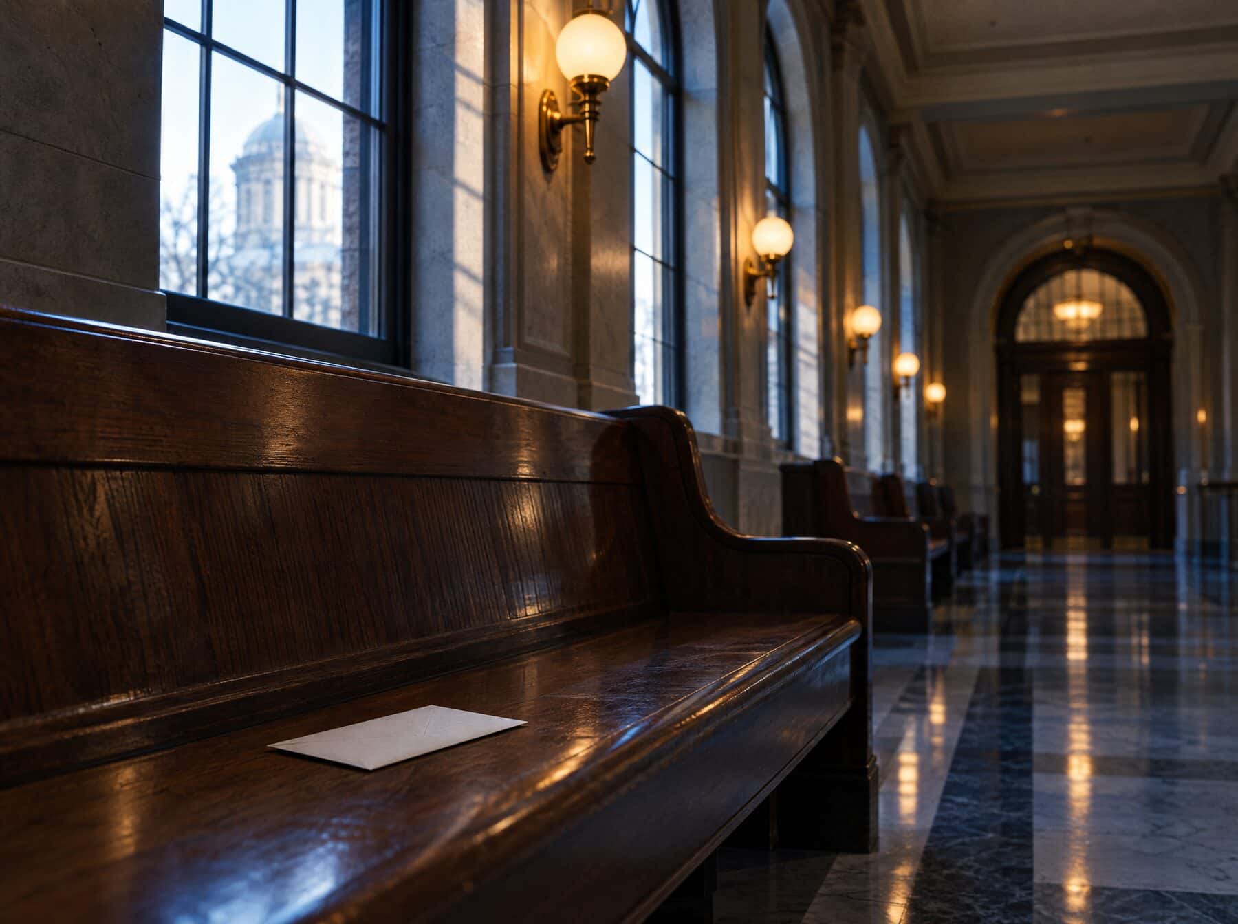 A quiet courthouse corridor with wooden benches and morning light