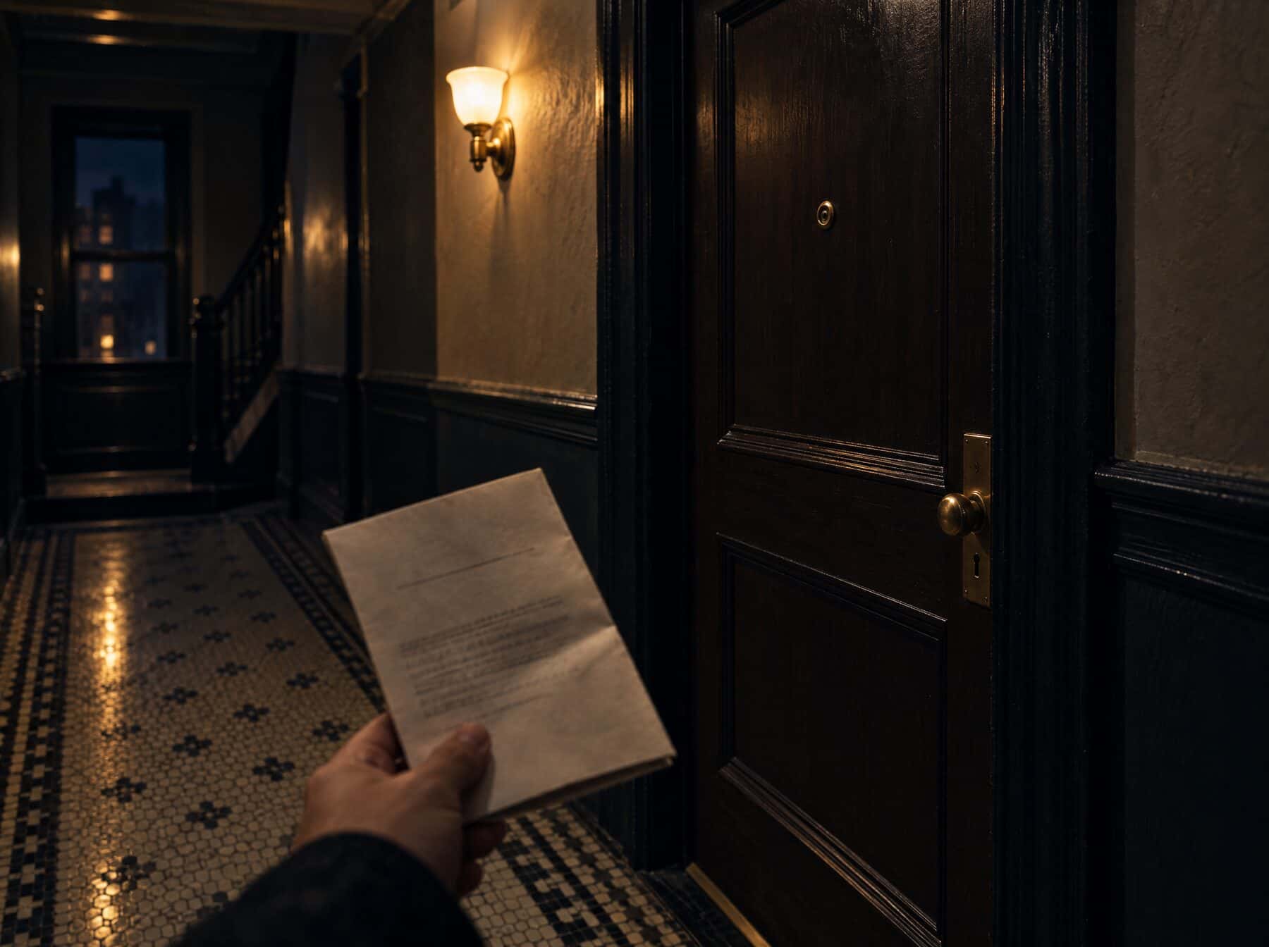 A folded notice held outside an apartment door in a prewar building