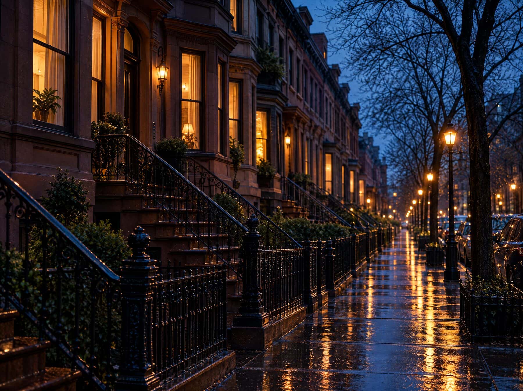 A row of Brooklyn brownstones at blue hour after rain