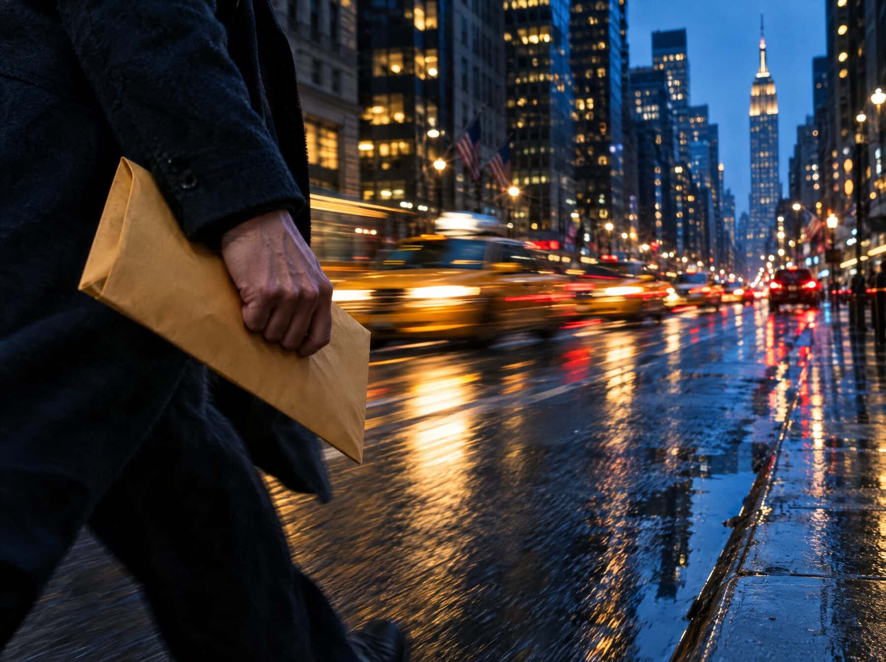 A legal envelope carried along a Manhattan avenue streaked with taxi lights